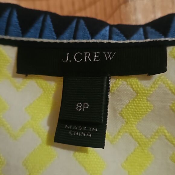 J Crew Neon Yellow and Deep Blue Geometric Print Midi Sheath Dress Size 8P - Picture 2 of 9